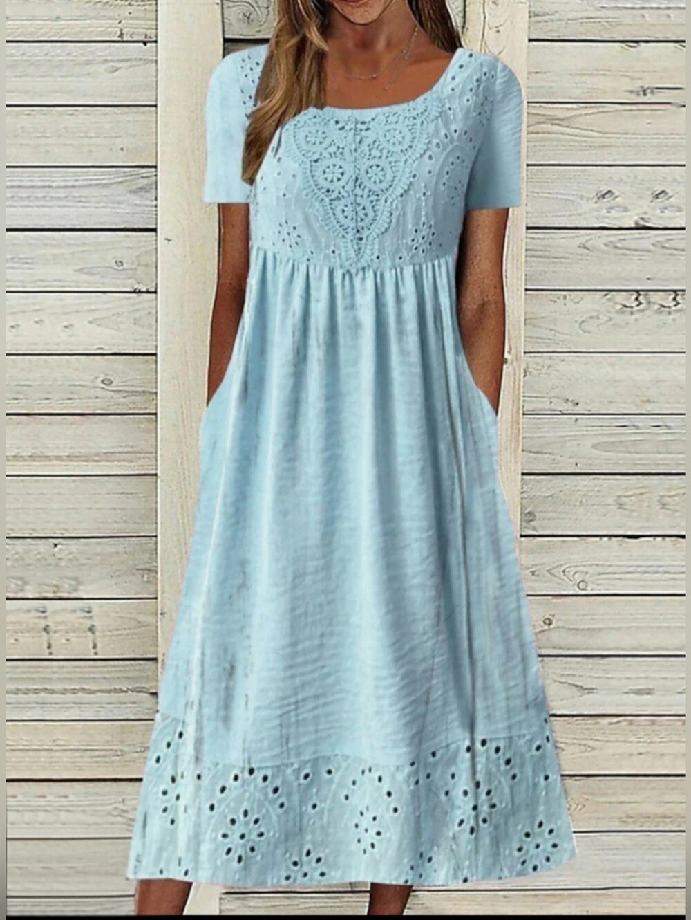 LIGHT BLUE EYELET LACE MIDI DRESS COTTAGECORE‎ BOHO COTTON POCKETS XL